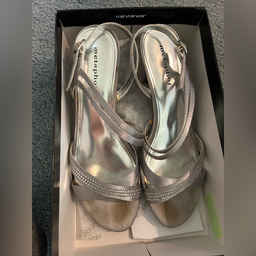 Metaphor Metallic Silver Slingback Heels with Crystal Trim